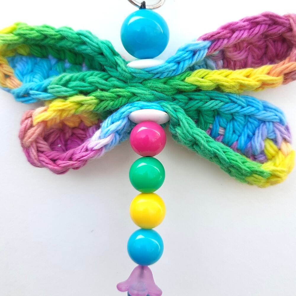 Handmade Crochet Dragonfly Bag Charm Rainbow Upcycled Beaded Purse Keychain NEW - Picture 5 of 8